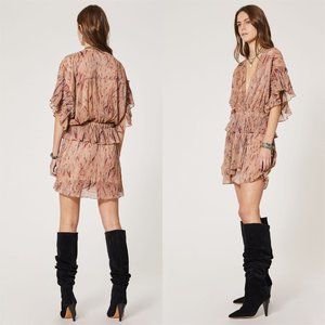 IRO Buoux Metallic Print Ruffle V-Neck Mini A-Line Dress